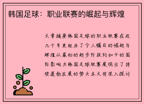 韩国足球：职业联赛的崛起与辉煌