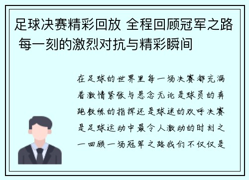 足球决赛精彩回放 全程回顾冠军之路 每一刻的激烈对抗与精彩瞬间