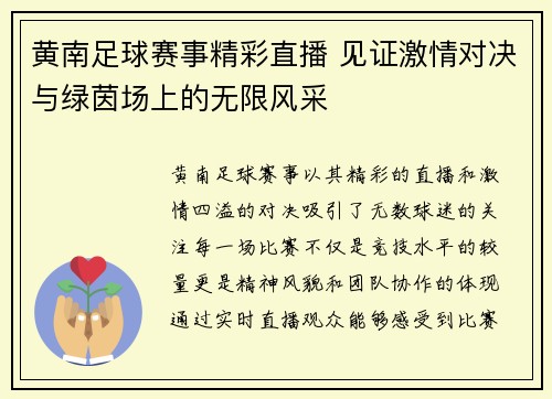 黄南足球赛事精彩直播 见证激情对决与绿茵场上的无限风采